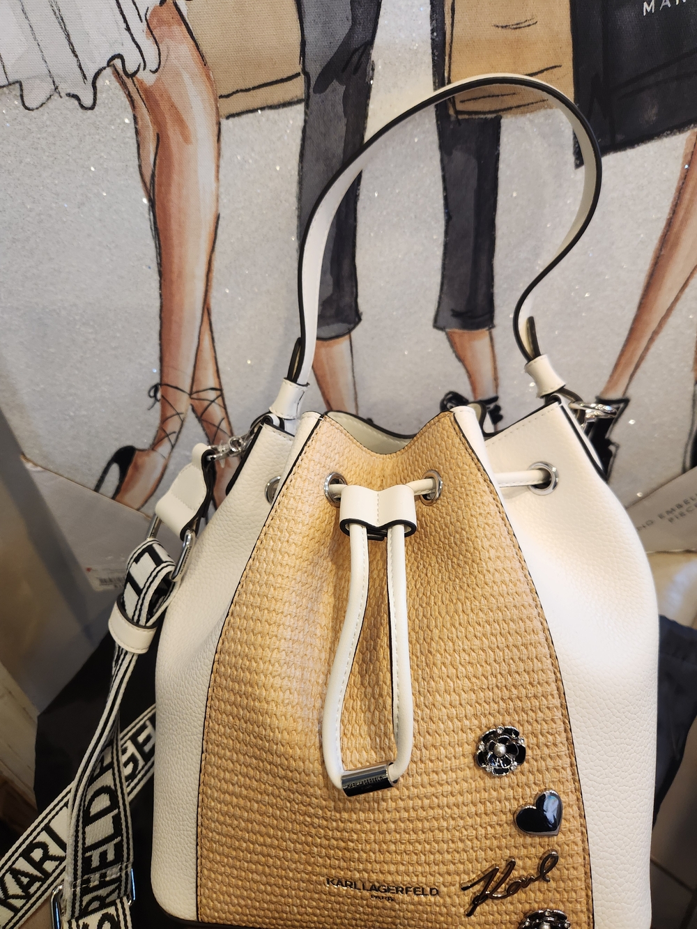 Karl Lagerfeld White & Natural Woven Drawstring Bucket Bag W Charms NWT - Picture 6 of 14